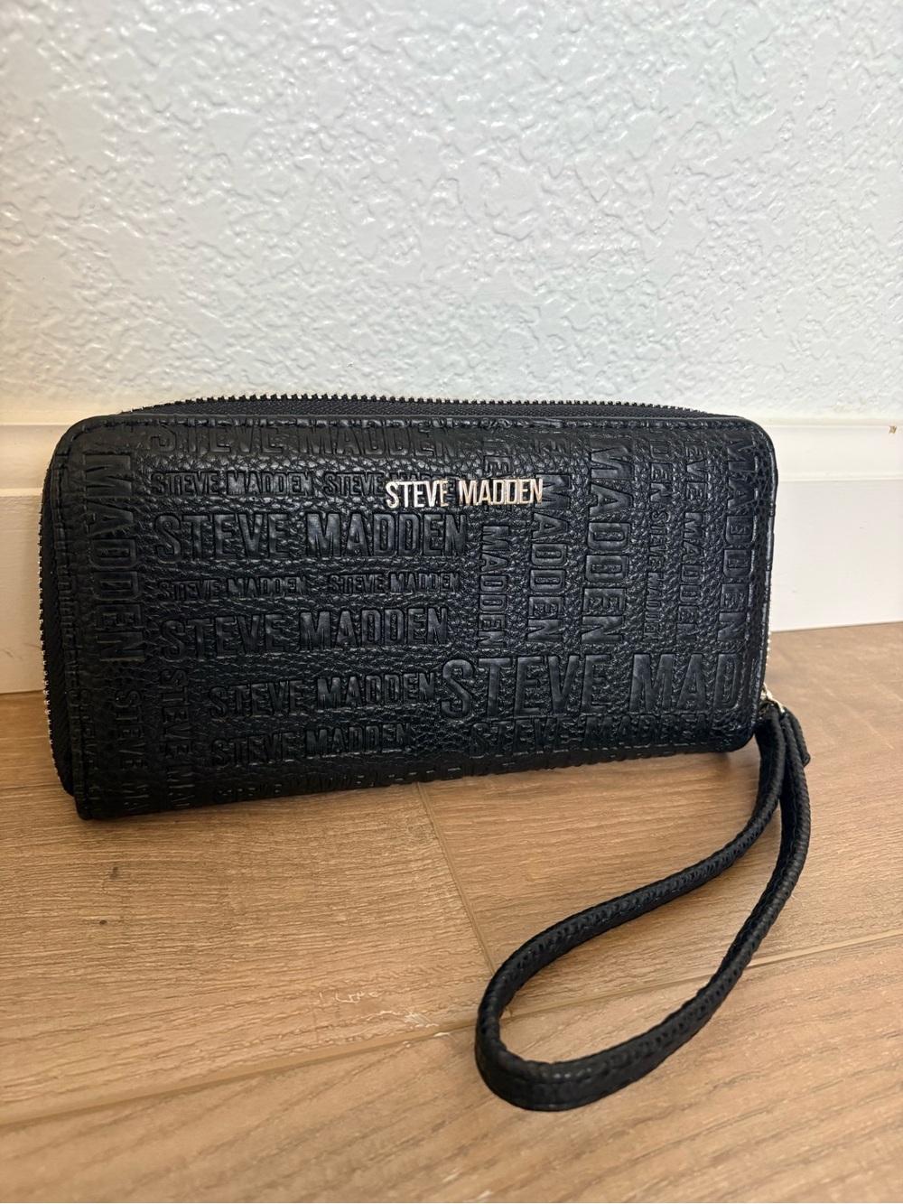 Steve Madden Black Embossed Zip-Around Wristlet